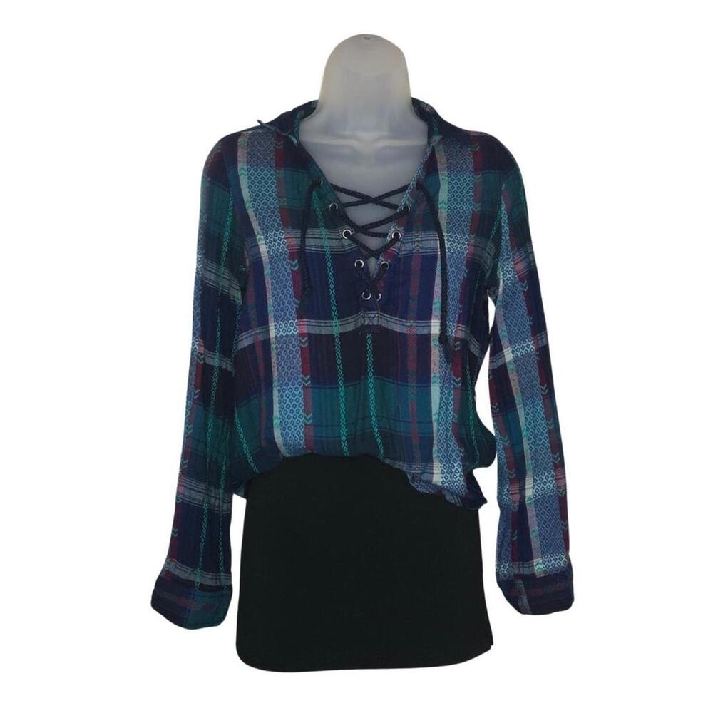 Mudd Y2K Blue and purple plaid lace up blouse size XS